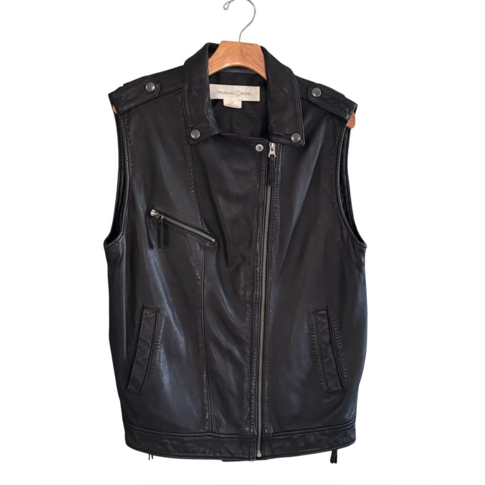 Treasure & Bond Women’s Black Leather Moto Vest Size M Asymmetrical Zip - Picture 2 of 15